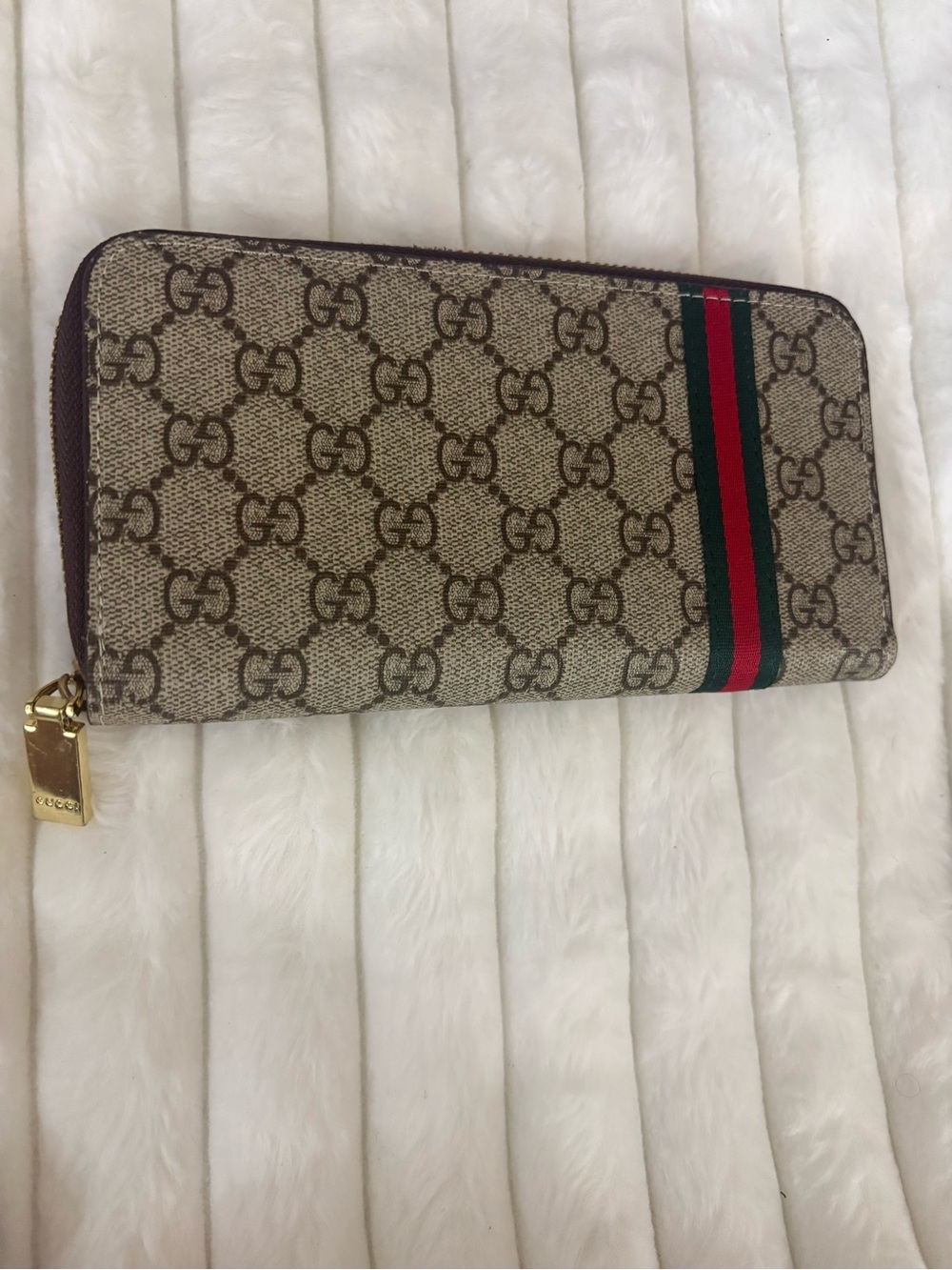 & Other Stories Beige Monogram Zip Wallet with Red & Green Stripe